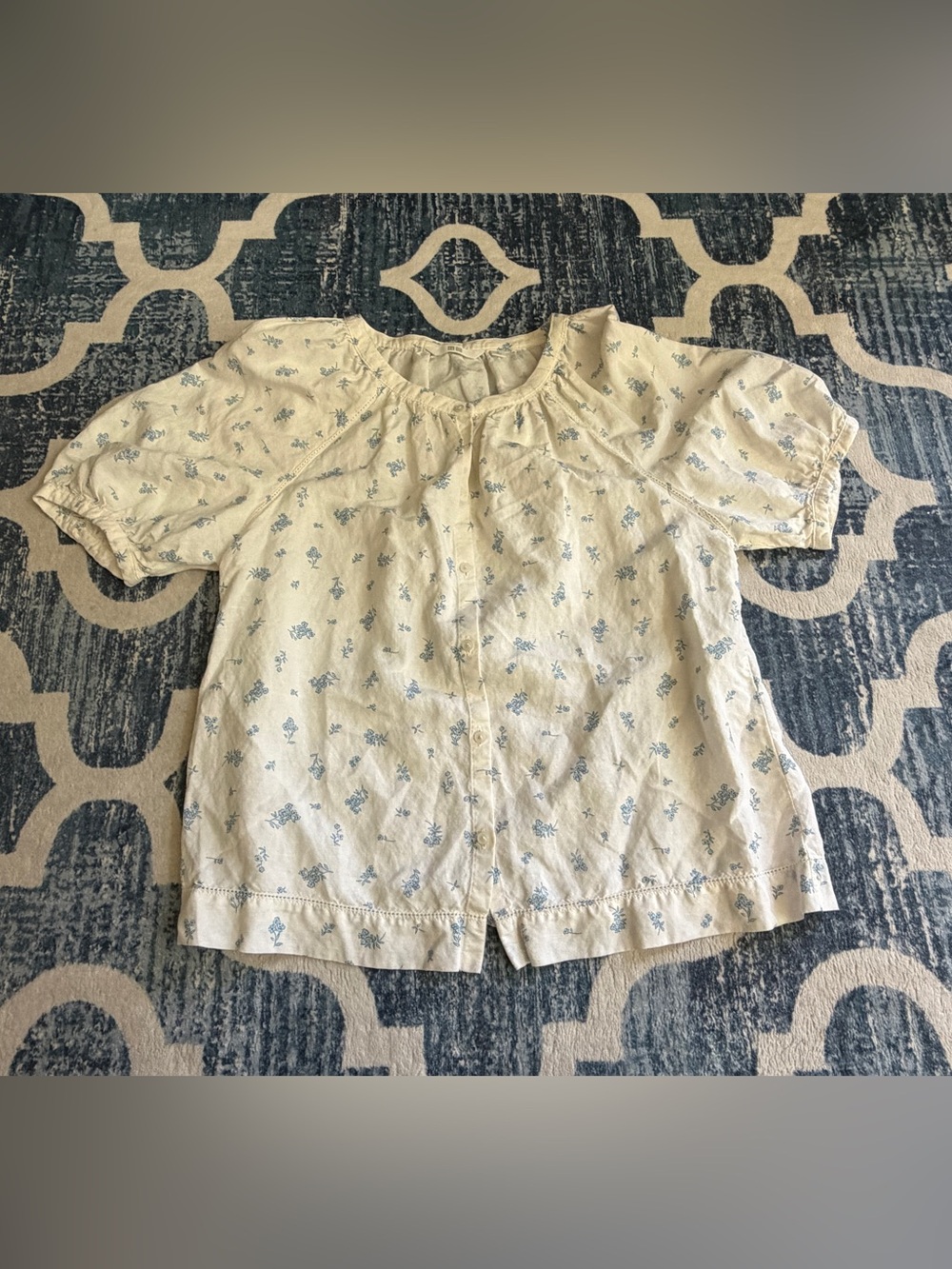 Uniqlo Cream Top with Light Blue Floral Motif